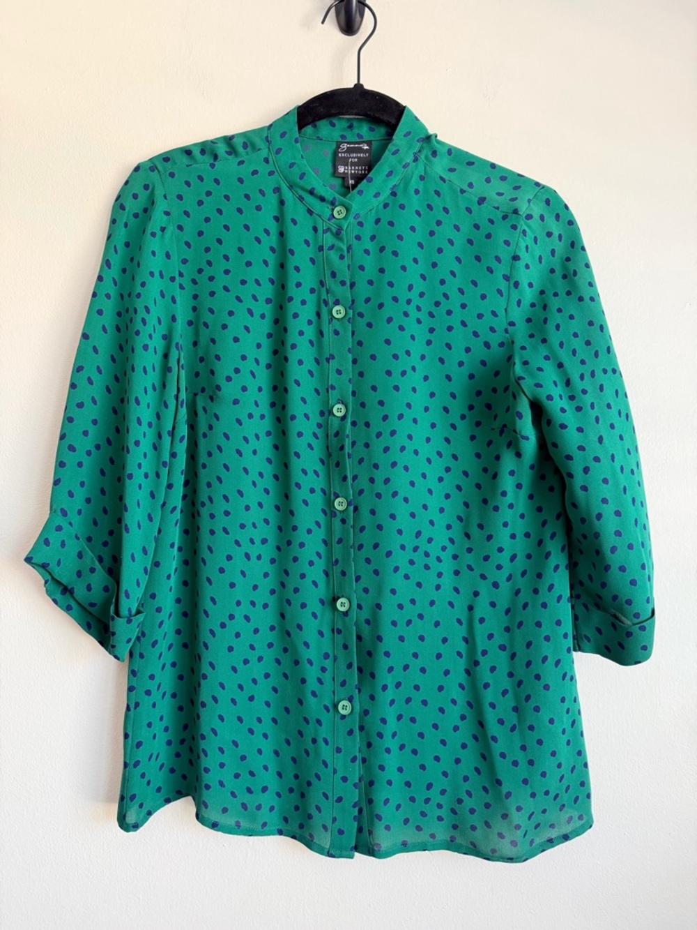 Gemma CO-OP Barney's New York  XS Green/Blue 100% Silk Button Up Blouse Top EUC